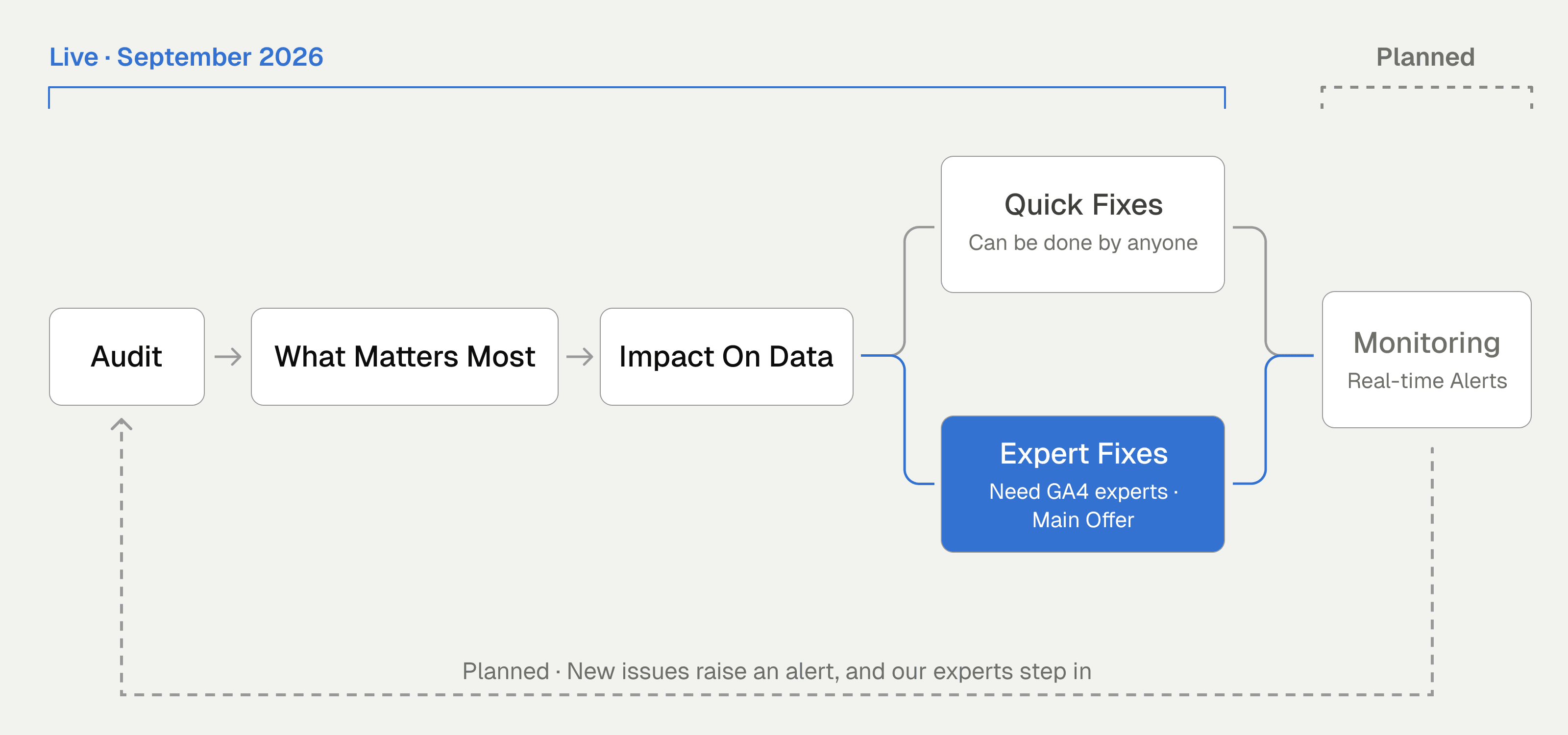 The new model: the audit leads to a fix, and the expert fix is the main path. Monitoring is planned, not yet live